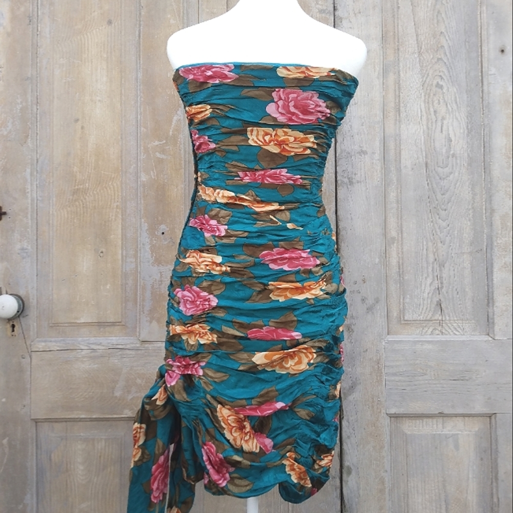 Strapless Floral Silk Dress